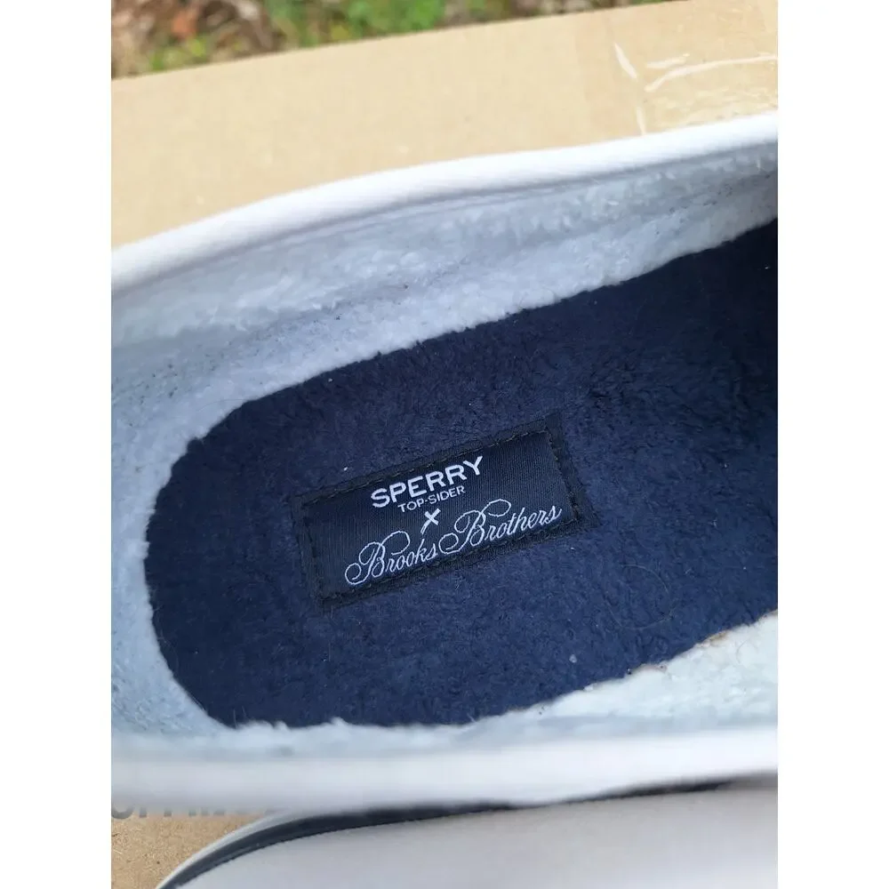 Sperry x Brooks Brothers Crest White Navy Canvas Slip On size 11.5